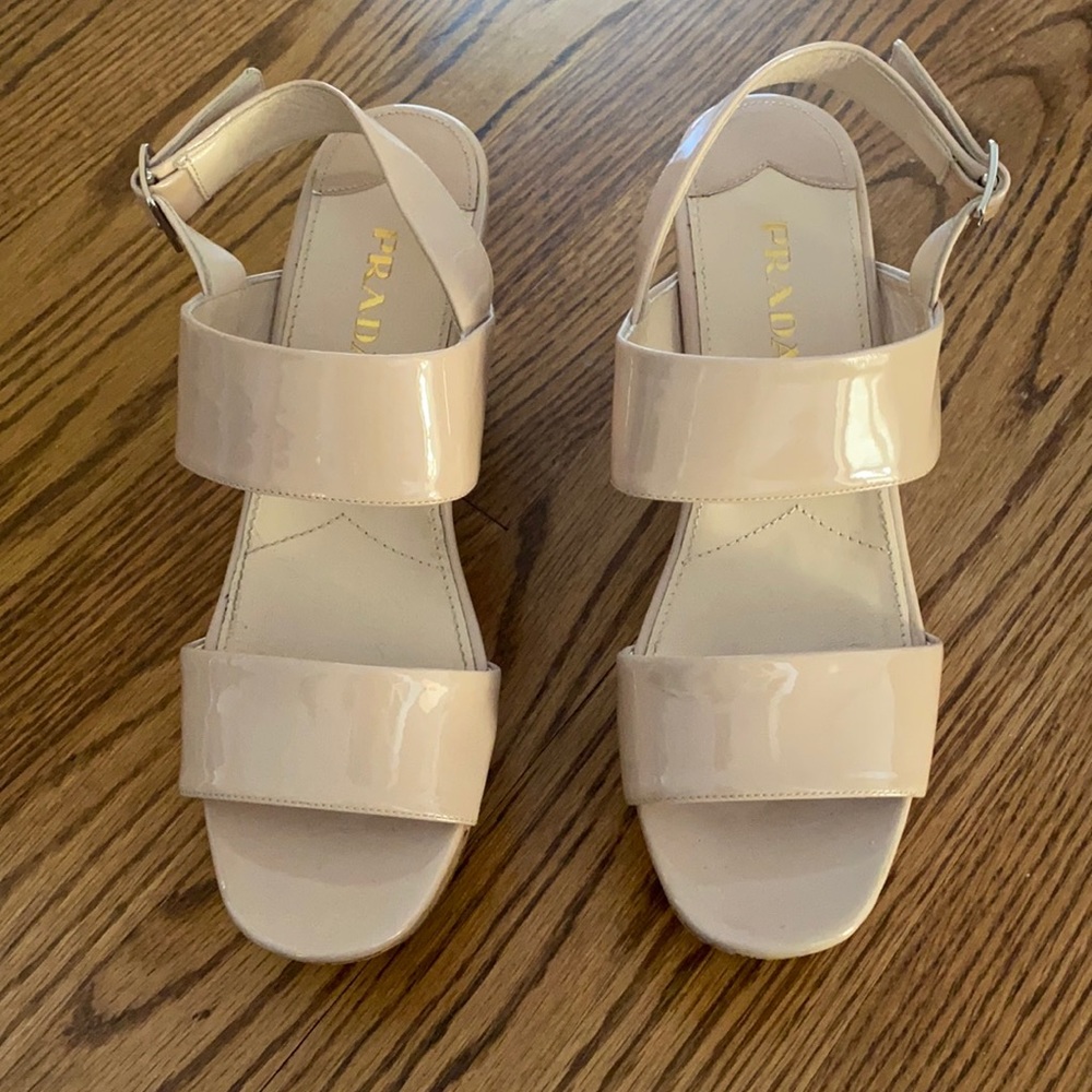 Prada nude patent leather cork wedges size 38